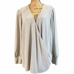 City Chic Silver Metallic Draped Faux Wrap Blouse. NWT. Size XXL 24
